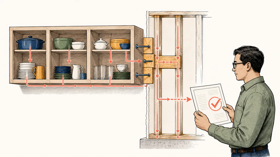 Installer traces cabinet contents through the cabinet box, mounting rail, blocking, and wall while an engineer holds the verified system limit.