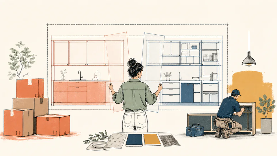 Designer unfolds two different cabinet layouts across the same measured wall while storage boxes and cost tags remain separate.