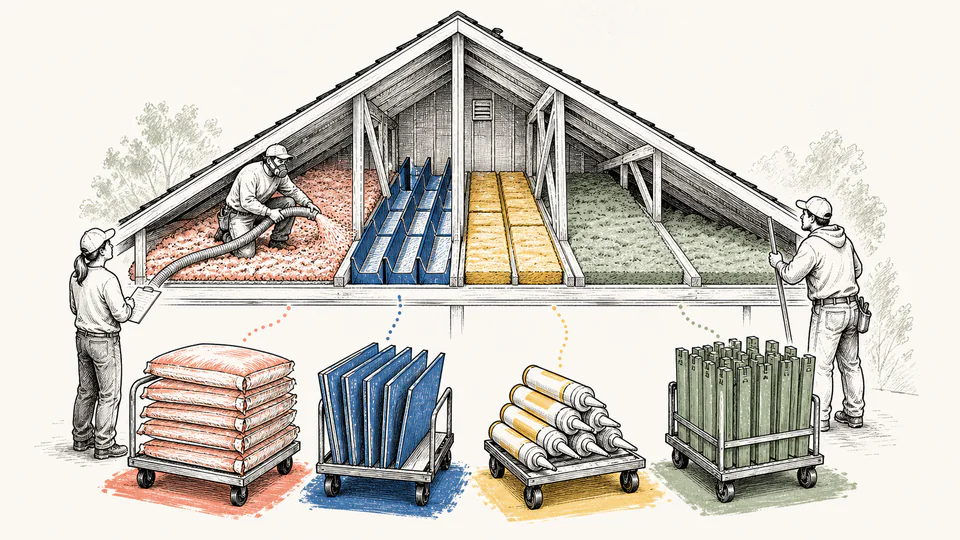 Weatherization crew sorts insulation packages, ventilation baffles, sealant tubes, and depth markers into separate labeled carts.