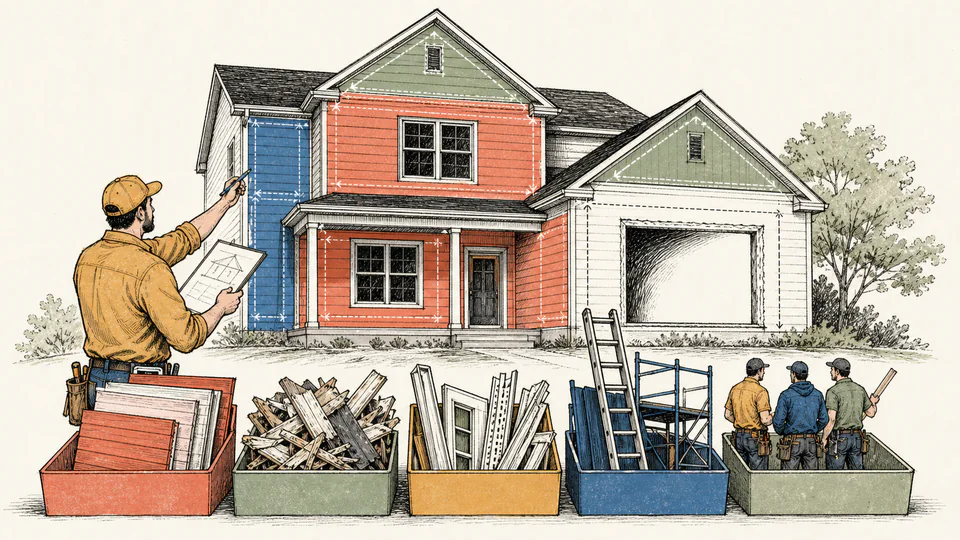 Exterior estimator wraps measured wall and gable shapes with siding while placing trim, access, removal, and cartons into separate cost bins.