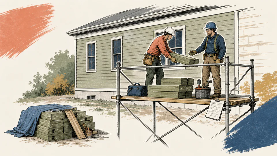Siding installer redistributes cartons across a rated scaffold platform while the installed wall cladding remains spread across the facade.