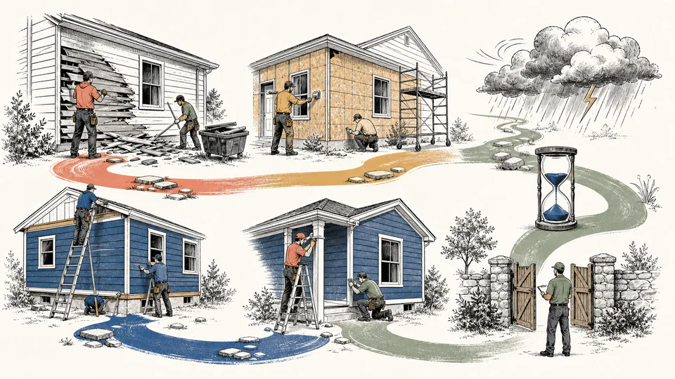 Siding crew advances around a house while weather windows, substrate repairs, sealant cure, and inspection gates control the path.