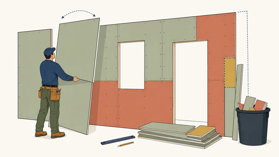 Installer fits full drywall panels around doors and windows while separating usable offcuts from waste.