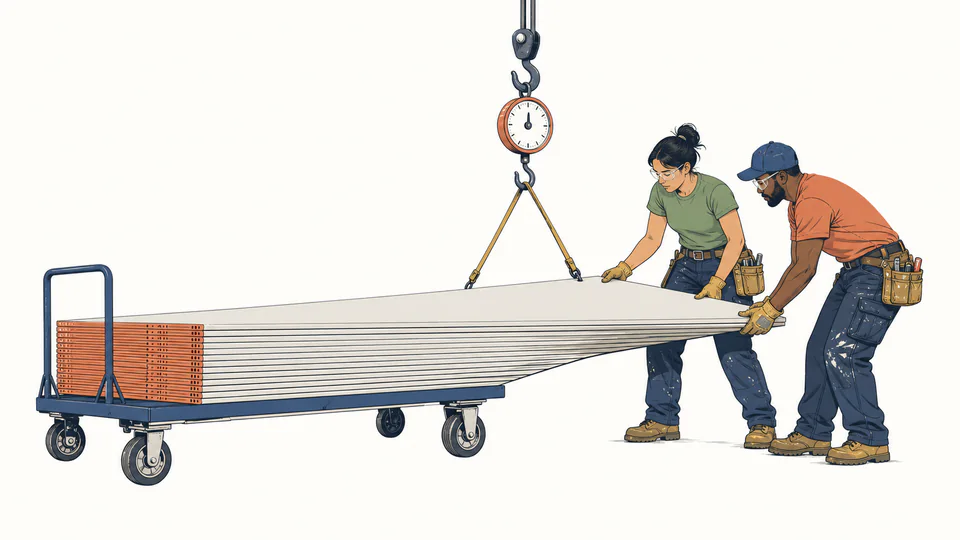 Two workers move a drywall sheet from a loaded panel cart while a hanging scale makes the shared load visible.