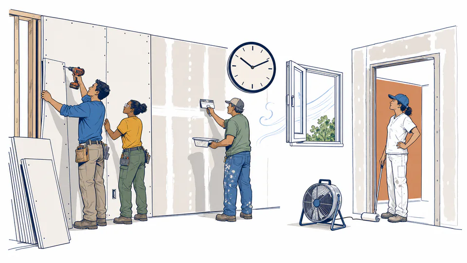 Drywall crew hands a room from hanging to finishing to painting while a wall clock represents drying time.