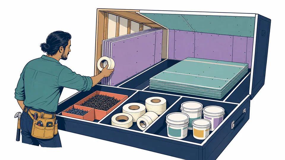 Installer sorts panels, screws, joint tape, and compound into separate compartments of a room-shaped toolbox.