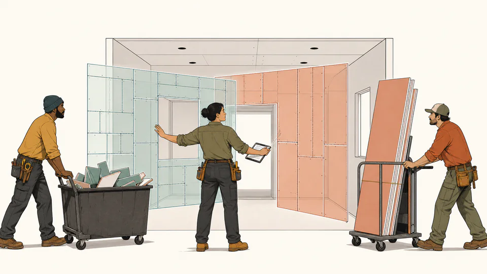 Estimator overlays two different drywall panel layouts on the same room while crews bring different material plans.