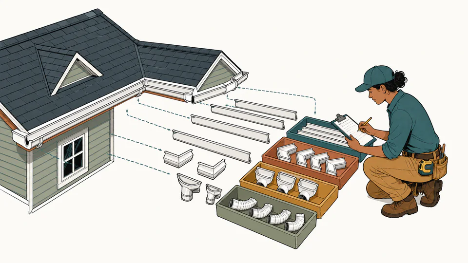 Installer reconciles roof edges with separate trays of gutter sections, corners, outlets, and downspout fittings.