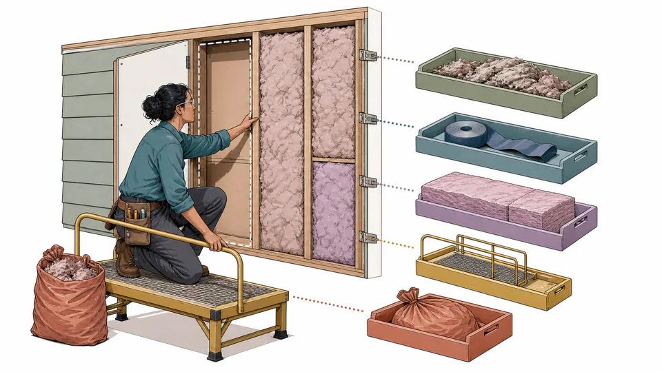 Estimator opens a wall assembly and places removal, air sealing, insulation, access, and disposal into separate cost trays.