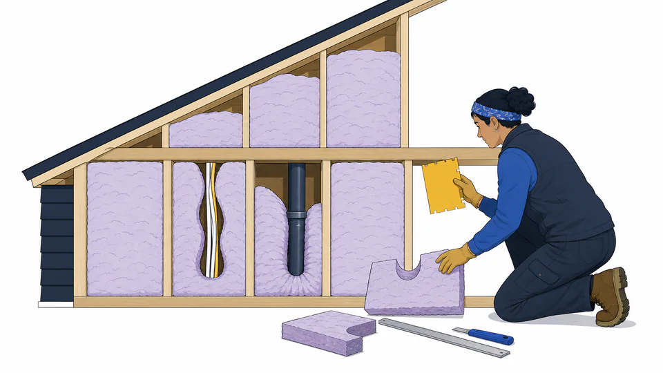 Technician recuts insulation around pipes and wiring while checking that every wall and attic bay is fully covered.