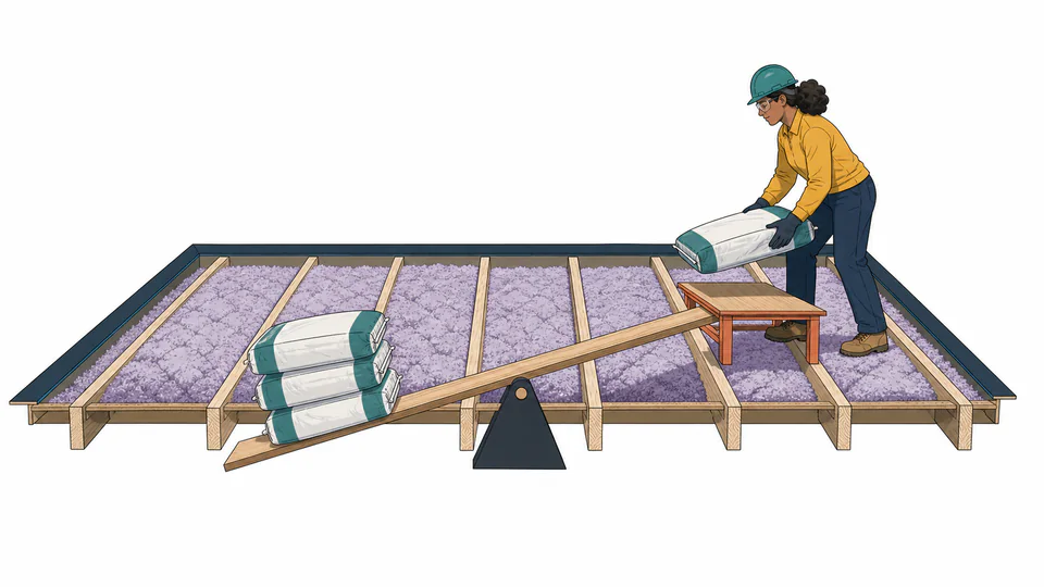 Technician moves insulation bags off a balance point while installed insulation remains evenly distributed across attic joists.