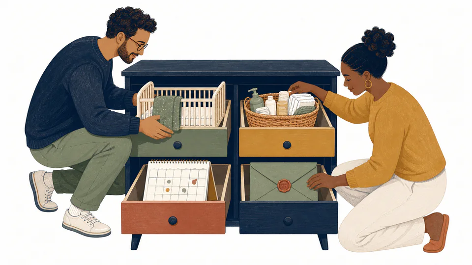 Editorial illustration of two parents sorting a crib, childcare calendar, supply basket, and medical reserve envelope into separate budget drawers