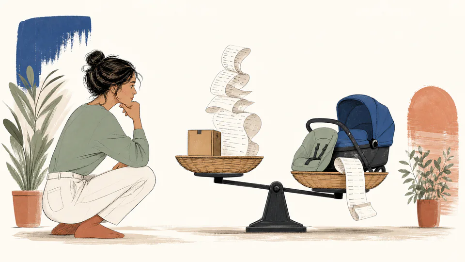 Editorial illustration of a caregiver comparing two care baskets, one with a small setup box and growing monthly receipts, the other with larger equipment and a shorter receipt stack