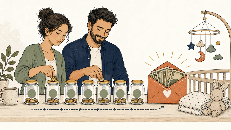 Editorial illustration of a parent placing monthly coins into a row of dated jars that lead toward a clearly labeled baby-care fund envelope