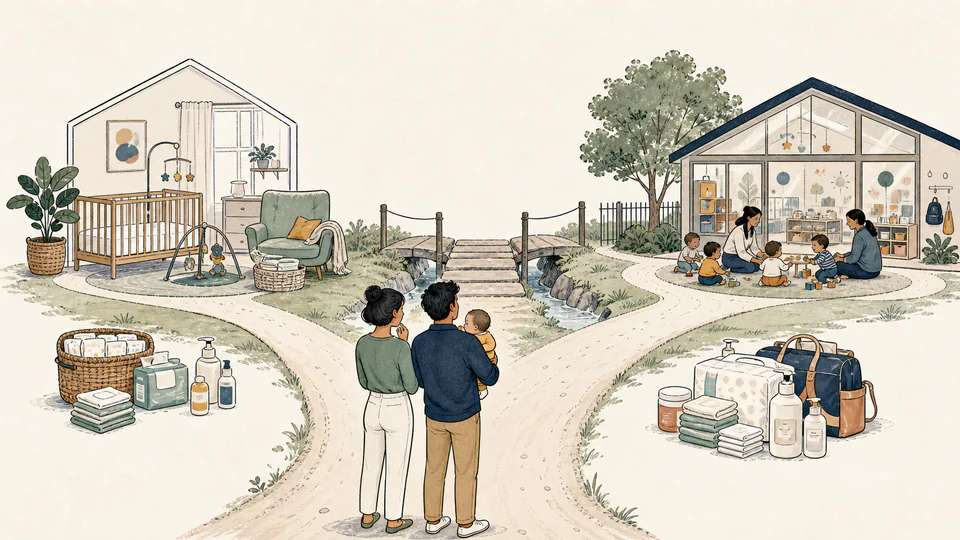 Editorial illustration of a family standing at a fork between a familiar care path and an alternative path with a transition bridge and different monthly signposts
