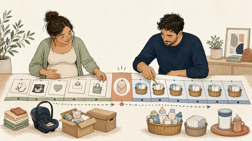 Editorial illustration of parents moving envelopes across a monthly wall calendar toward a large birth-month marker and then a row of recurring care boxes