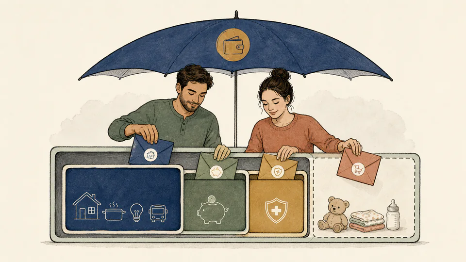 Editorial illustration of a household placing rent, savings, emergency buffer, and baby-care envelopes in order beneath one monthly income canopy