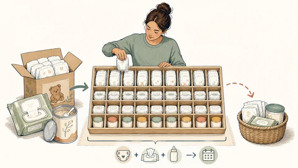 Editorial illustration of a caregiver arranging diapers, wipes, and formula cans into a thirty-day shelf while marking package leftovers separately