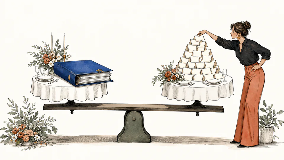 Editorial illustration of two wedding venue tables on a balance beam, one carrying a large fixed contract folder and the other a growing stack of guest place cards
