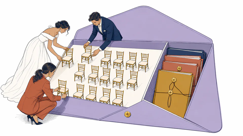 Editorial illustration of a couple and planner fitting guest chairs inside a large budget envelope while fixed vendor contracts occupy a protected compartment