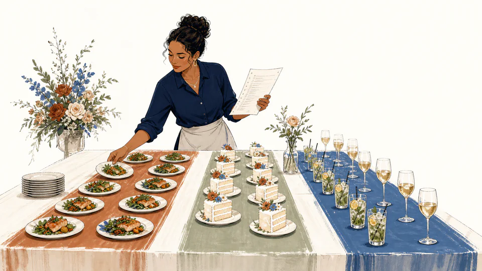 Editorial illustration of a wedding coordinator arranging meal plates, cake slices, and beverage glasses along one long service table while checking a guest list
