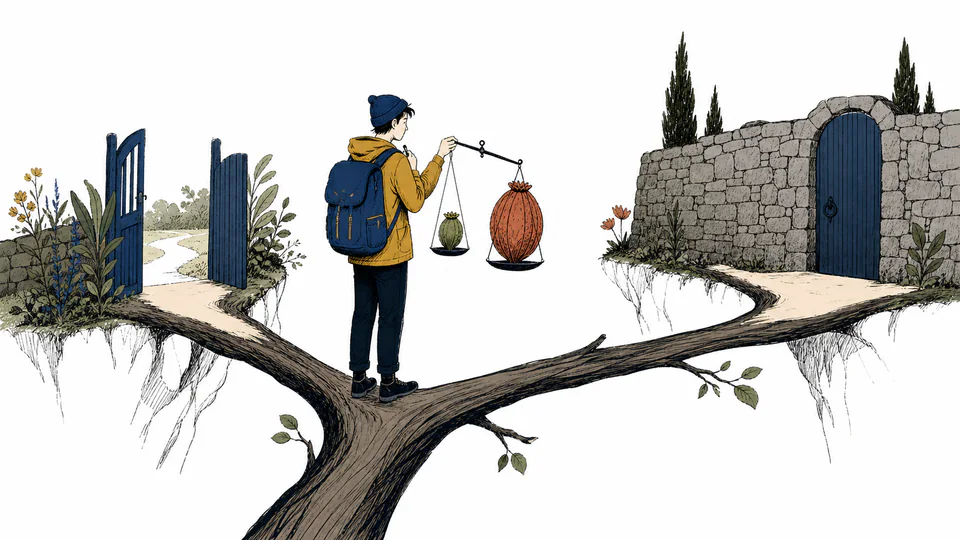 Editorial illustration of one decision fork splitting into four terminal paths with two success markers
