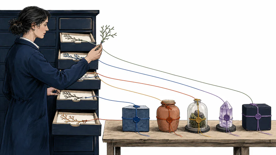Editorial illustration of a branching decision map ending in four numbered evidence cards that sum to a complete register