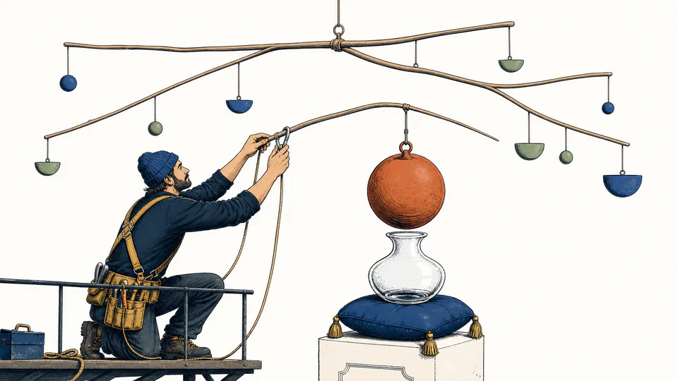 Editorial illustration of four weighted outcome stones with a tail-risk shield focused on the heaviest loss stone