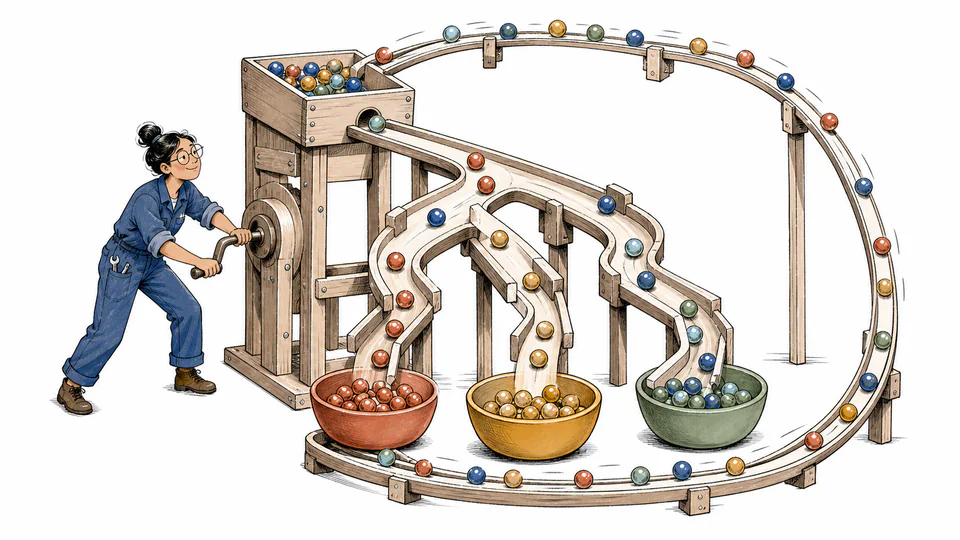 Editorial illustration of numbered tokens repeatedly traveling through a four-exit decision tree beside an exact benchmark ruler