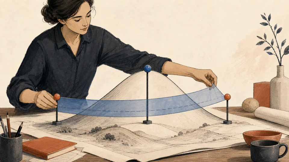 Editorial illustration of a measured center held between two carefully placed confidence brackets