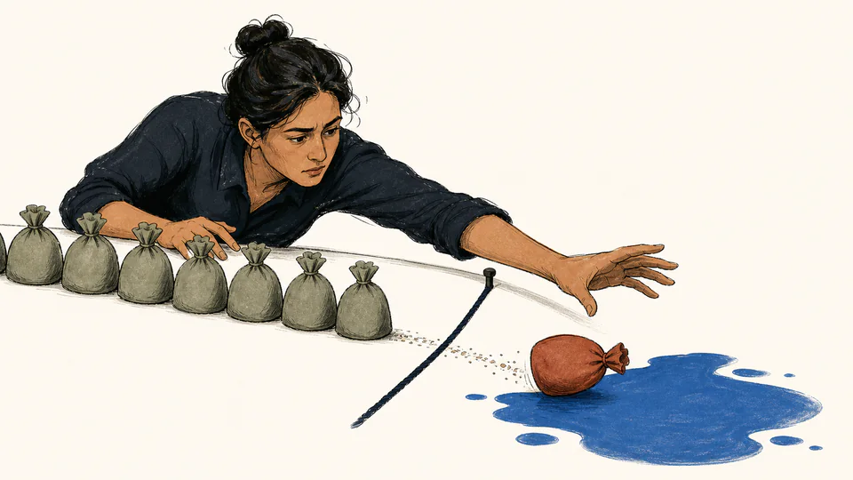 Editorial illustration of a bell-shaped stream passing through a safe opening with observations collecting in two outside tails