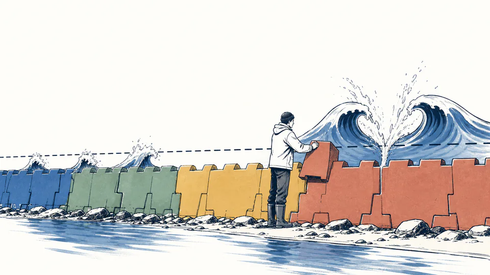 Editorial illustration of many equal account blocks with a small set falling through a loss threshold gate