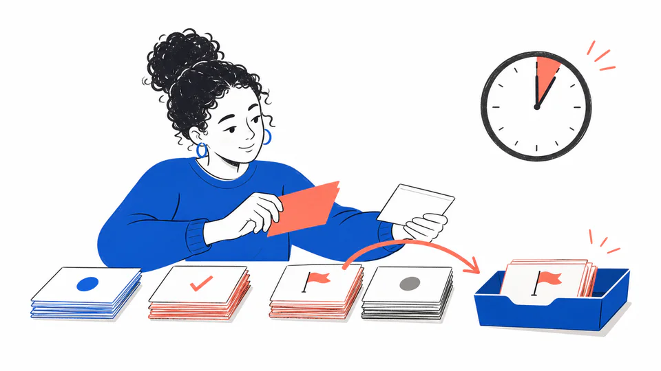 A timed quiz desk with answered cards, an unanswered stack, and a calm clock showing the remaining review window.