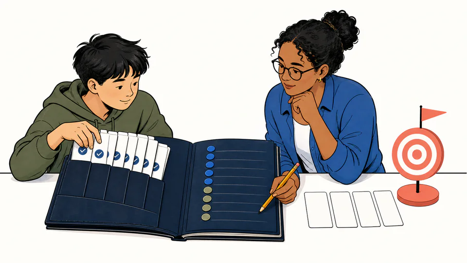 Student and tutor moving quiz cards from an open stack to a graded ledger while a target marker stays visible.