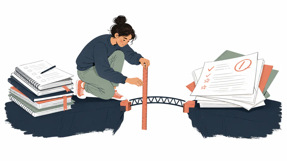 A learner’s study log beside graded papers, with a small bridge linking hours to evidence rather than promising a fixed outcome.