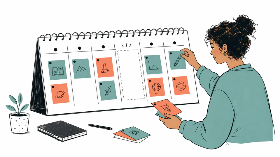 A study desk with topic cards placed into short focused blocks, leaving a visible buffer gap in the weekly calendar.