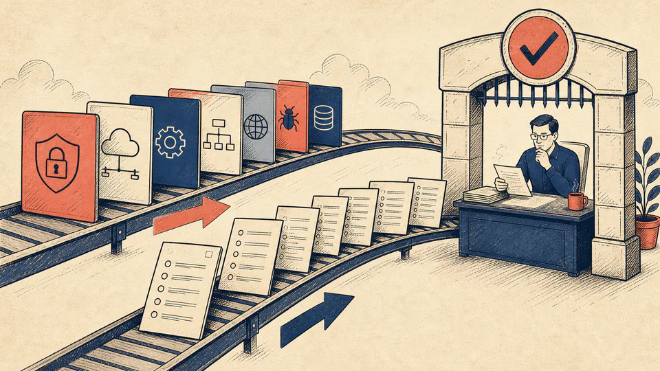 A certification checklist moves topic cards and mock-exam papers along two separate progress rails before they meet at a review gate.