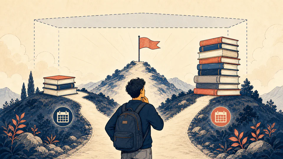 A certification candidate compares two study routes toward the same exam flag while a transparent score cap hangs above both paths.