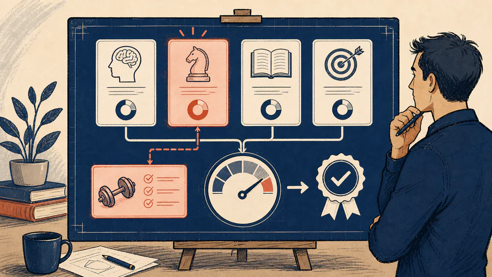 A certification blueprint board balances four domain cards into a readiness score while the weakest domain is highlighted for practice.