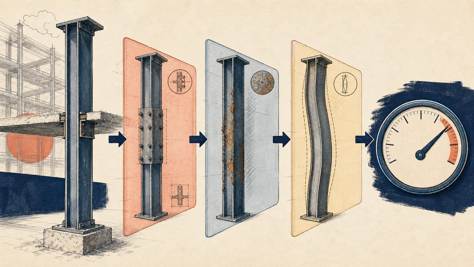 A column detail drawing passes through three transparent reduction overlays for splice, corrosion, and buckling before a net-capacity gauge.