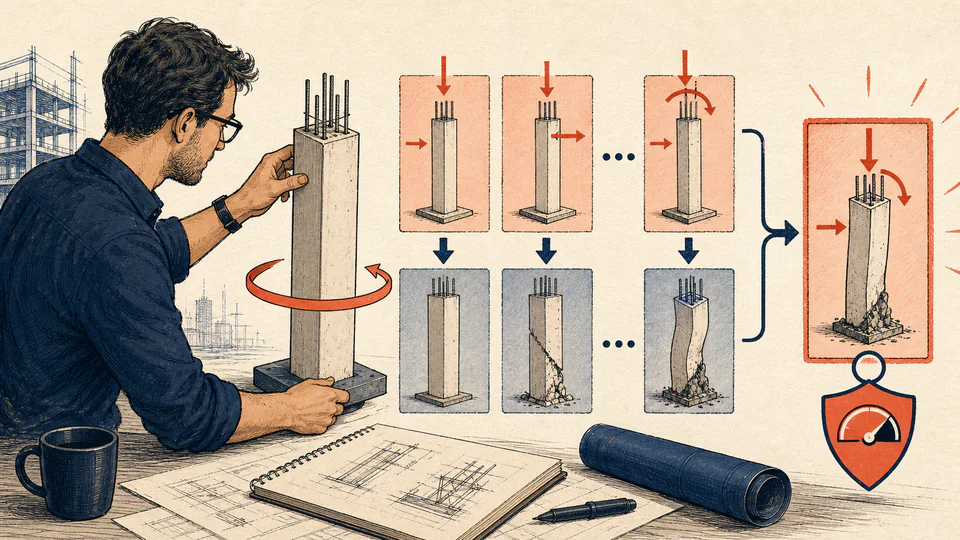 A structural engineer rotates a column model through paired load and capacity corners while the governing safety-factor marker remains in view.
