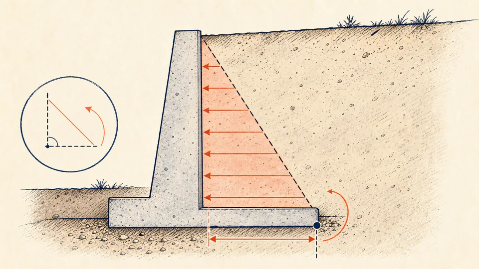 A retaining-wall section shows soil wedges, the Rankine active coefficient, and a toe-moment arm annotated for review.