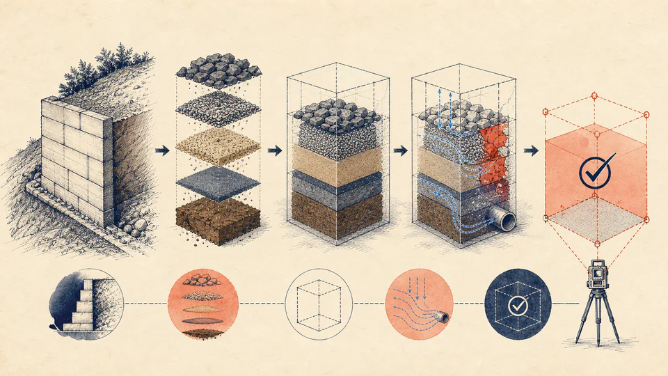 A retaining-wall material stack passes through transparent void, drainage, and damage overlays before a net-volume marker is recorded.