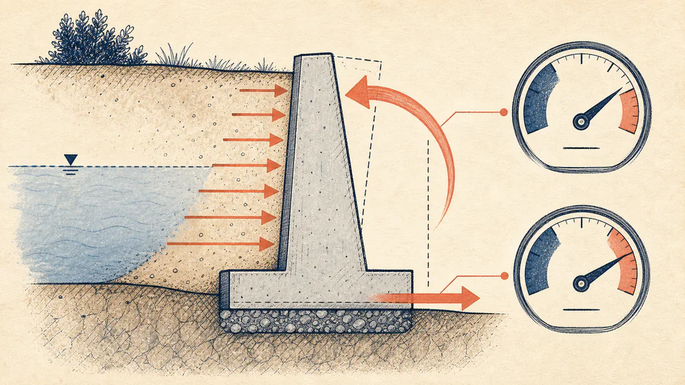 A retaining wall cross-section shows separate overturning and sliding arrows with two safety-factor gauges.