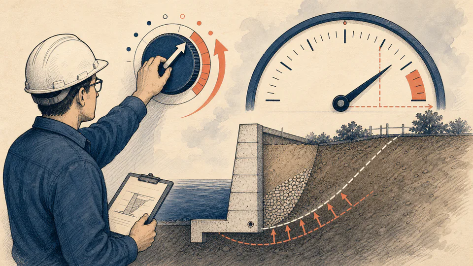 An engineer turns a retaining-wall demand dial upward while the governing safety-factor needle moves toward a review line.