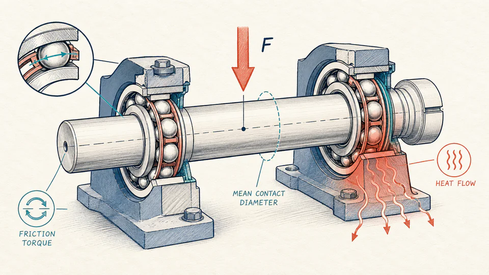 Editorial cutaway of two bearings with radial load, mean contact diameter, friction torque, and heat-flow callouts.