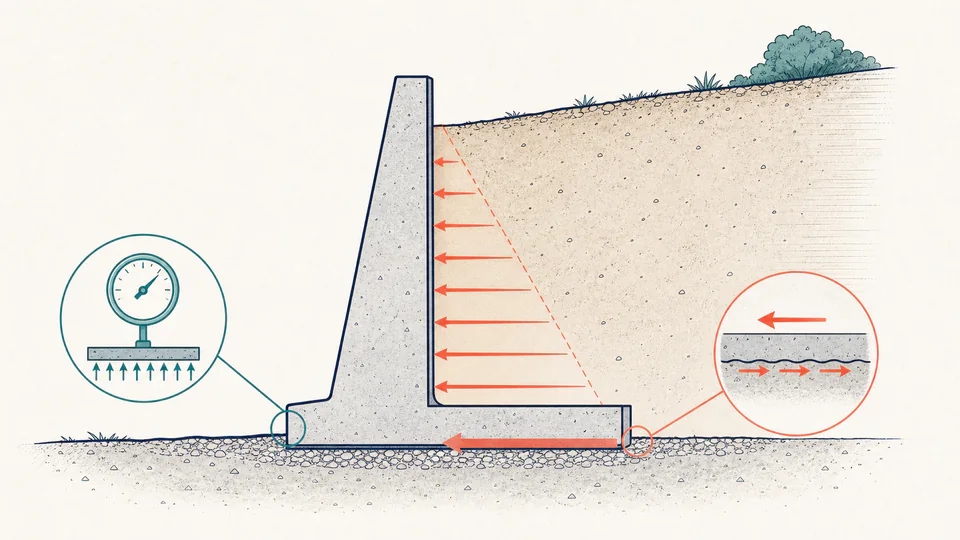 Editorial engineering scene with a retaining wall, a soil pressure gauge at the toe, and a separate sliding-resistance check on the base.