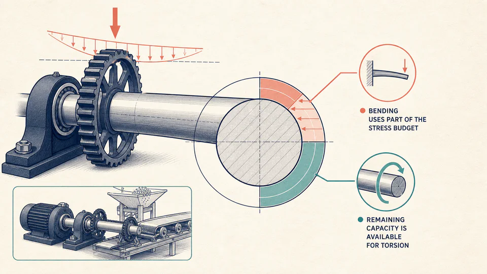 Editorial engineering cutaway of a solid shaft cross-section where bending occupies part of a stress budget and the remaining segment is labelled for torque capacity.