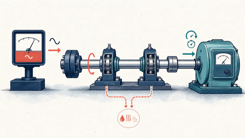 Editorial cutaway of a rotating shaft between an input power meter and a torque-speed dynamometer, with a small separate loss path for bearings and seals.
