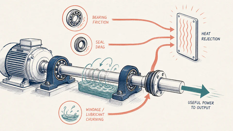 Editorial cutaway of a rotating shaft with bearing friction, seal drag, and windage leading to a heat-rejection panel.